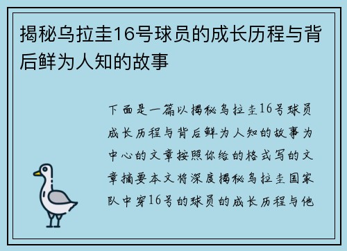 揭秘乌拉圭16号球员的成长历程与背后鲜为人知的故事