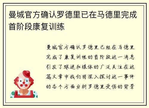 曼城官方确认罗德里已在马德里完成首阶段康复训练 曼城官方确认罗德里已在马德里完成首阶段康复训练